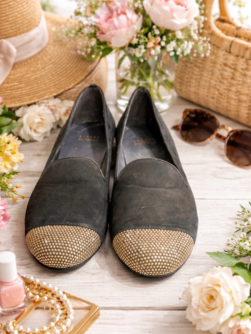 Stuart Weitzman lingo Black Loafers with Silver Studded Toe size 8
